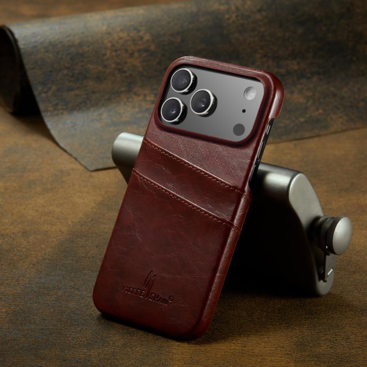 For iPhone 17 Pro Fierre Shann Retro Oil Wax Texture Card Slots PU Leather Phone Case