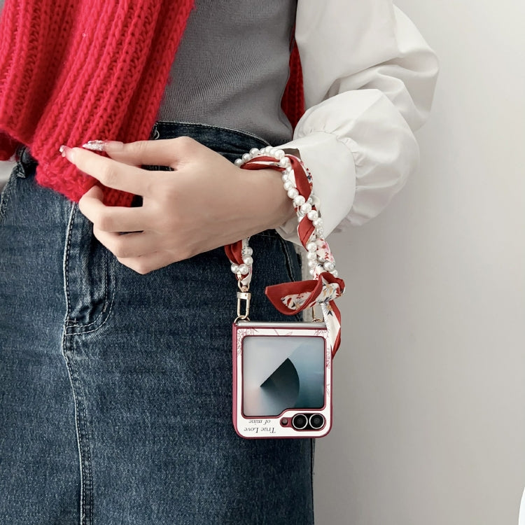 For Samsung Galaxy Z Flip5 Sketch Flower Pattern Phone Case with Scarf Bracelet - Rose
