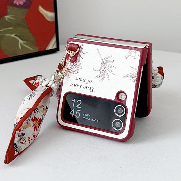 For Samsung Galaxy Z Flip4 Sketch Flower Pattern Phone Case with Scarf Bracelet - Rose