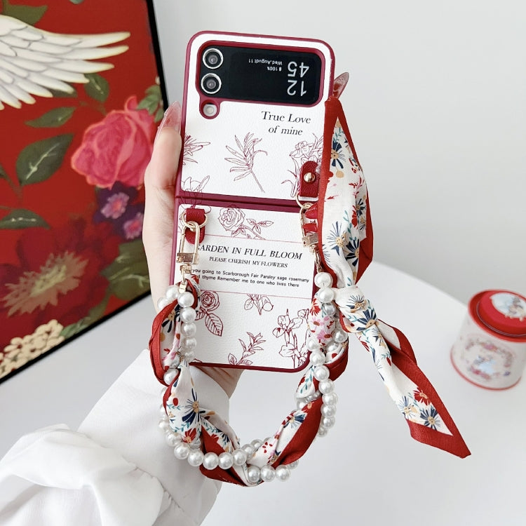 For Samsung Galaxy Z Flip4 Sketch Flower Pattern Phone Case with Scarf Bracelet - Rose