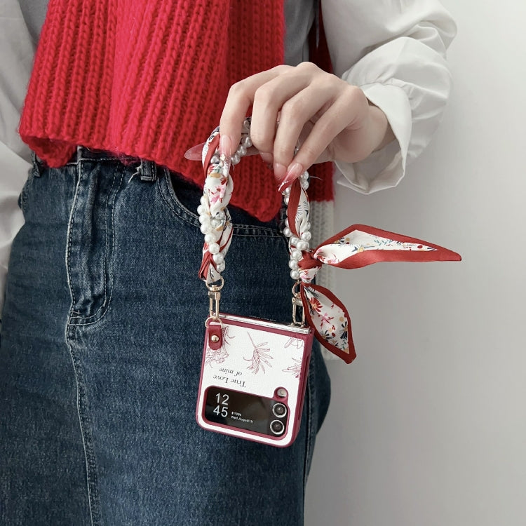 For Samsung Galaxy Z Flip4 Sketch Flower Pattern Phone Case with Scarf Bracelet - Rose