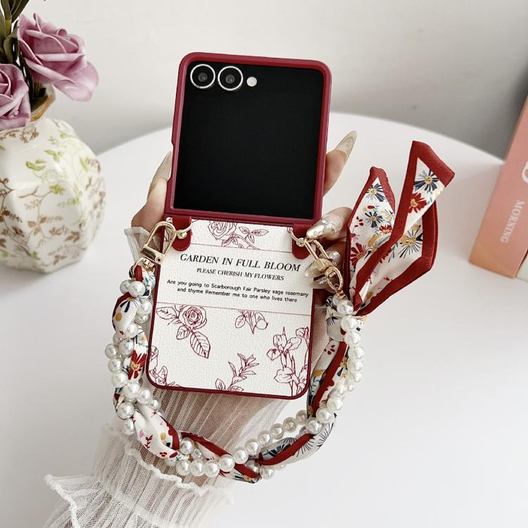 For Samsung Galaxy Z Flip7 5G Sketch Flower Pattern Phone Case with Scarf Bracelet - Rose