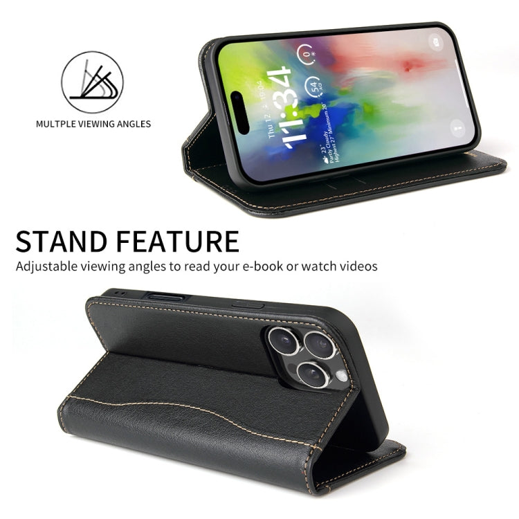 For iPhone 16 Pro Fierre Shann Cowhide Leather Flip Leather Phone Case