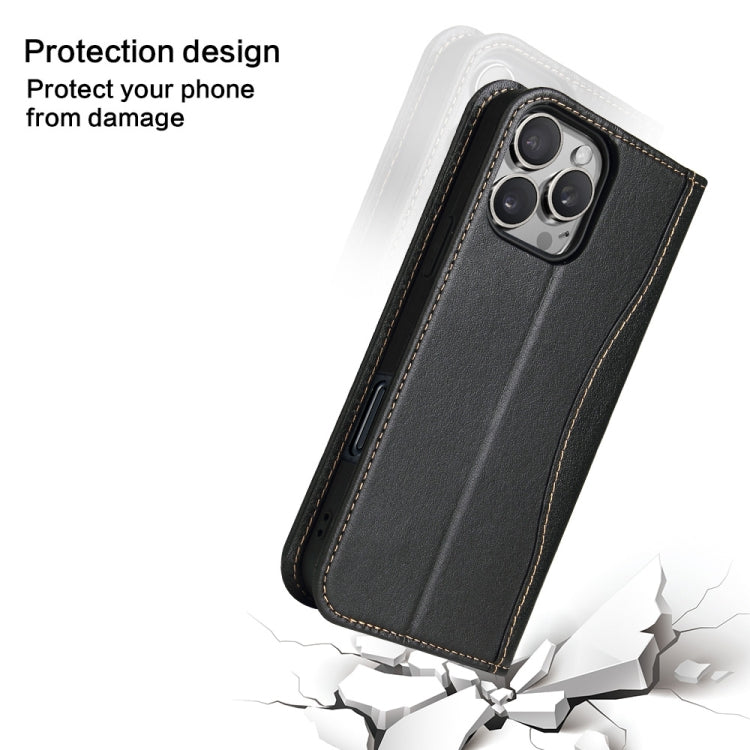 For iPhone 16 Pro Fierre Shann Cowhide Leather Flip Leather Phone Case