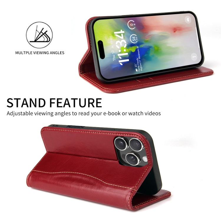 For iPhone 16 Pro Fierre Shann Cowhide Leather Flip Leather Phone Case