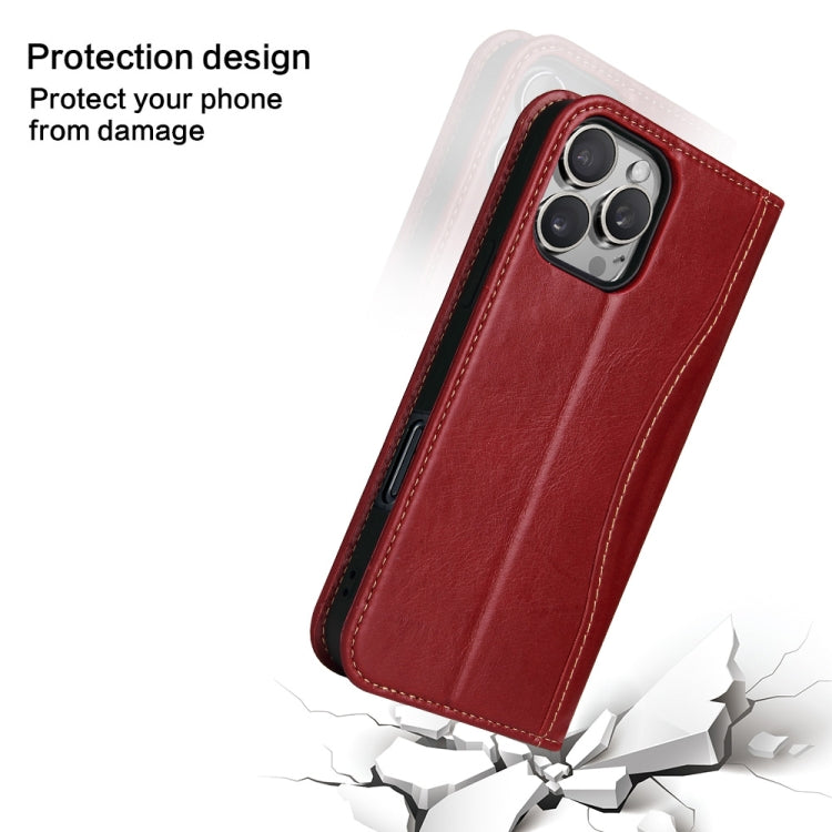For iPhone 16 Pro Fierre Shann Cowhide Leather Flip Leather Phone Case