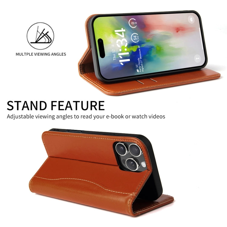 For iPhone 16 Pro Fierre Shann Cowhide Leather Flip Leather Phone Case