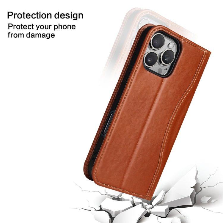 For iPhone 16 Pro Fierre Shann Cowhide Leather Flip Leather Phone Case