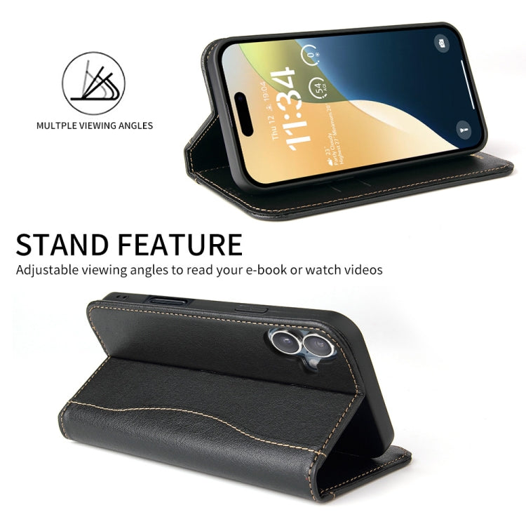 For iPhone 16 Plus Fierre Shann Cowhide Leather Flip Leather Phone Case