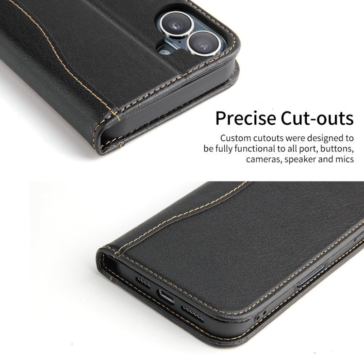 For iPhone 16 Plus Fierre Shann Cowhide Leather Flip Leather Phone Case