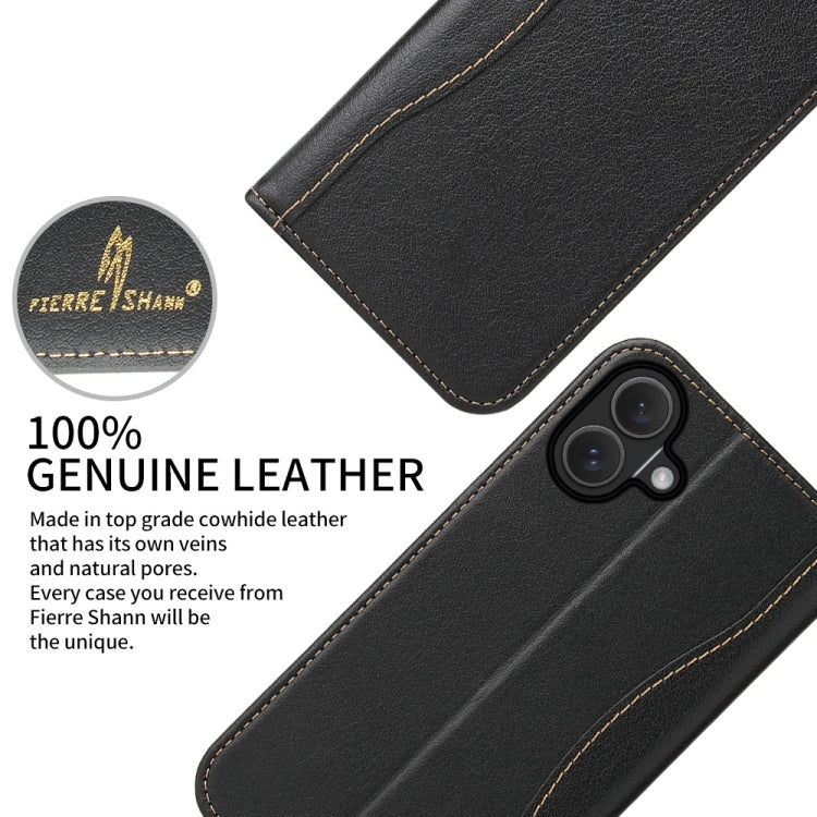 For iPhone 16 Plus Fierre Shann Cowhide Leather Flip Leather Phone Case