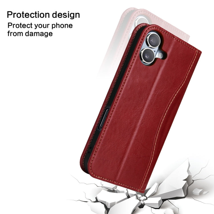 For iPhone 16 Plus Fierre Shann Cowhide Leather Flip Leather Phone Case
