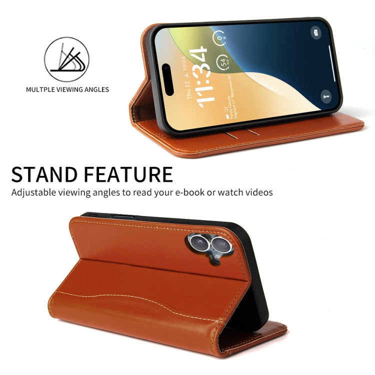 For iPhone 16 Plus Fierre Shann Cowhide Leather Flip Leather Phone Case