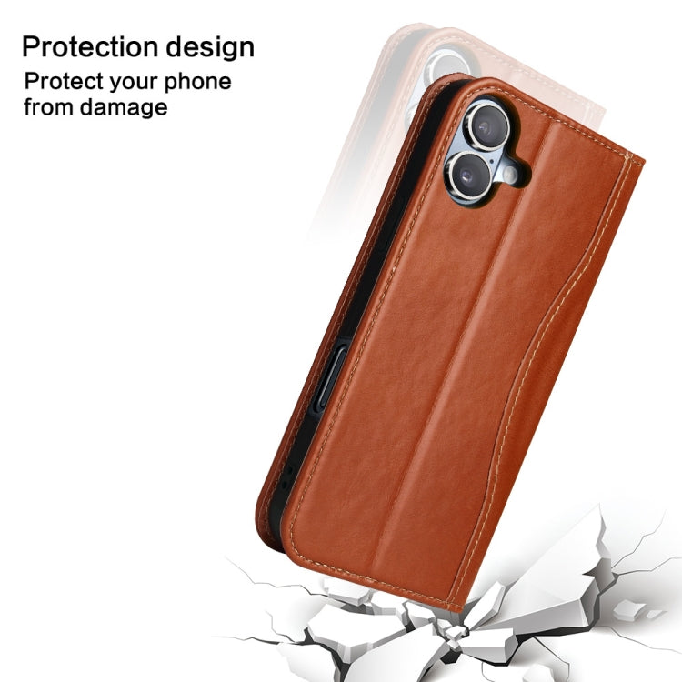 For iPhone 16 Plus Fierre Shann Cowhide Leather Flip Leather Phone Case
