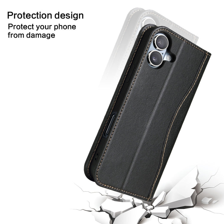 For iPhone 16 Fierre Shann Cowhide Leather Flip Leather Phone Case