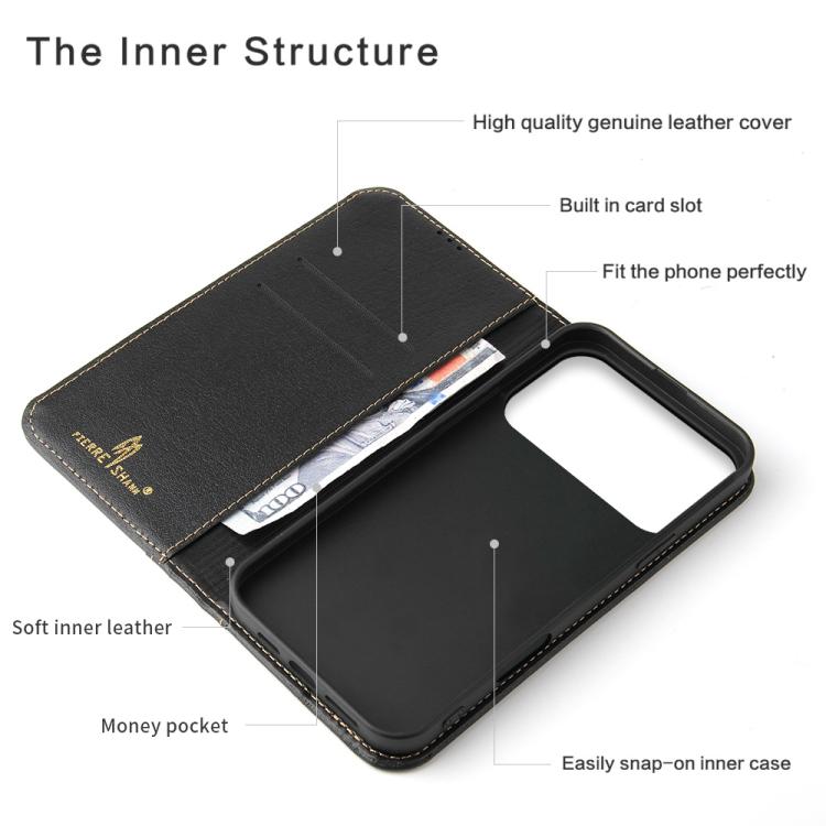 For iPhone 17 Pro Fierre Shann Cowhide Leather Flip Leather Phone Case