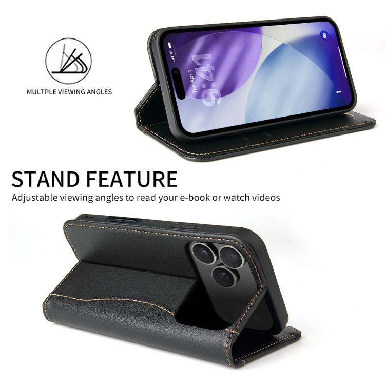 For iPhone 17 Pro Fierre Shann Cowhide Leather Flip Leather Phone Case