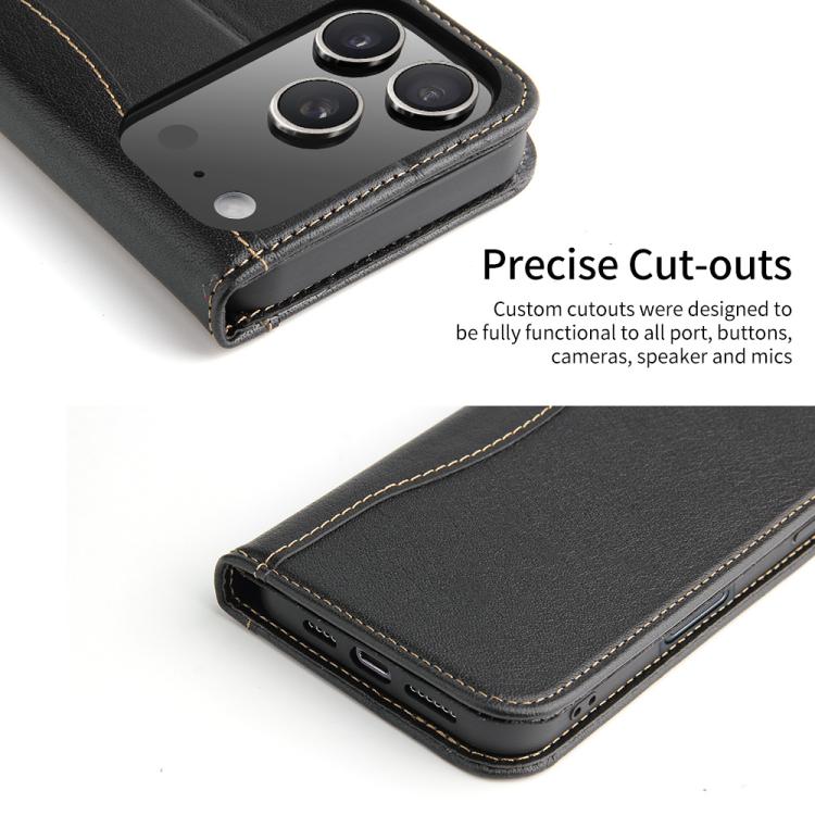 For iPhone 17 Pro Fierre Shann Cowhide Leather Flip Leather Phone Case