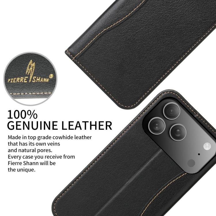 For iPhone 17 Pro Fierre Shann Cowhide Leather Flip Leather Phone Case