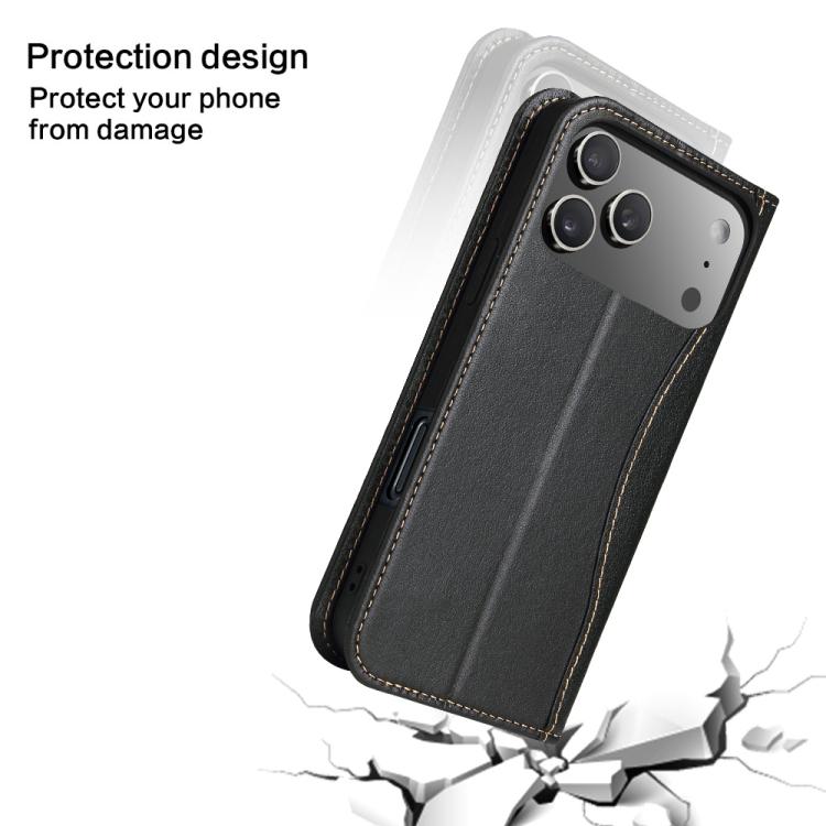 For iPhone 17 Pro Fierre Shann Cowhide Leather Flip Leather Phone Case