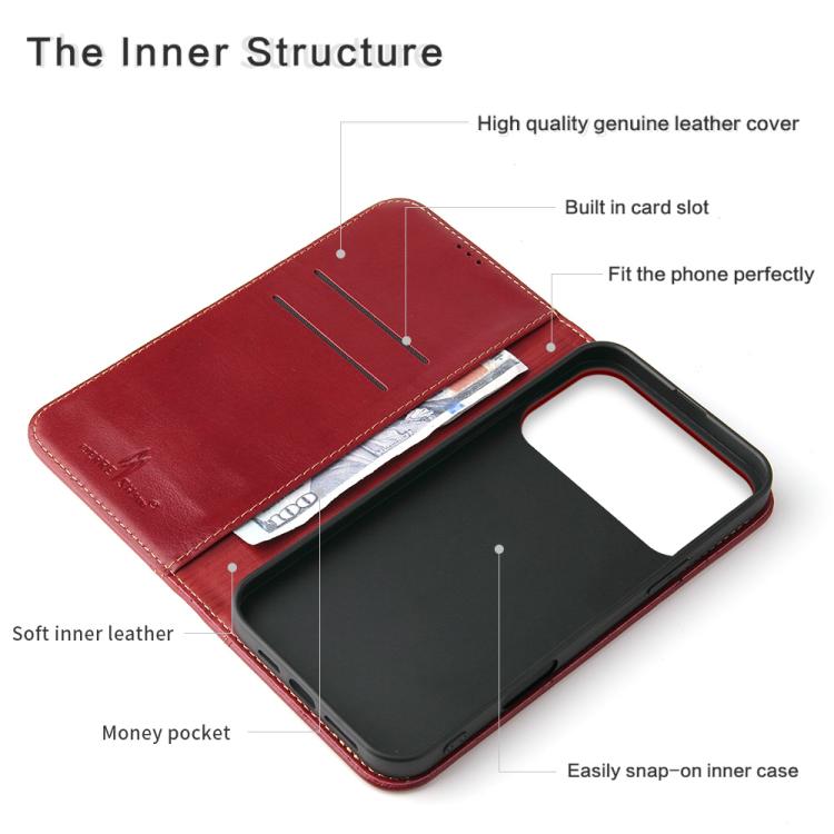 For iPhone 17 Pro Fierre Shann Cowhide Leather Flip Leather Phone Case