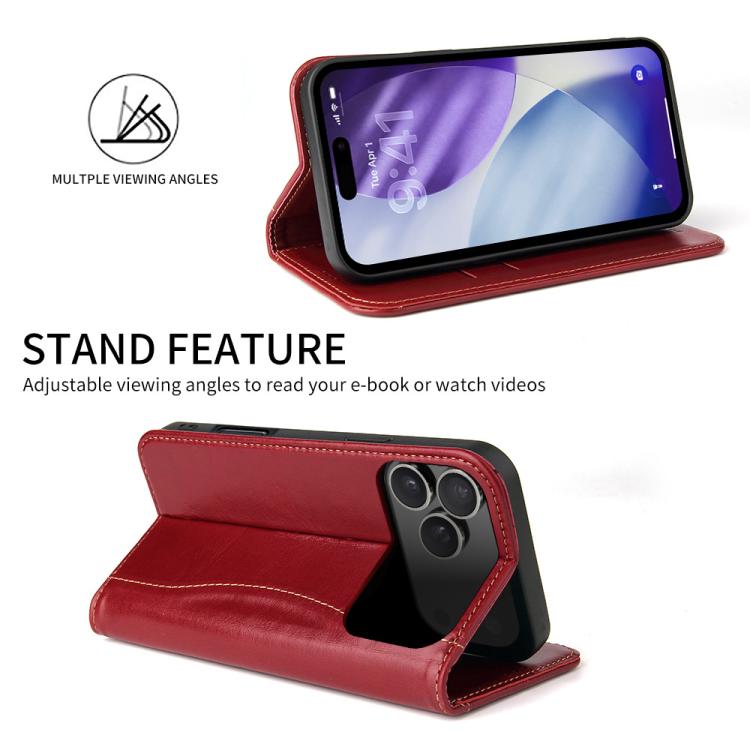 For iPhone 17 Pro Fierre Shann Cowhide Leather Flip Leather Phone Case