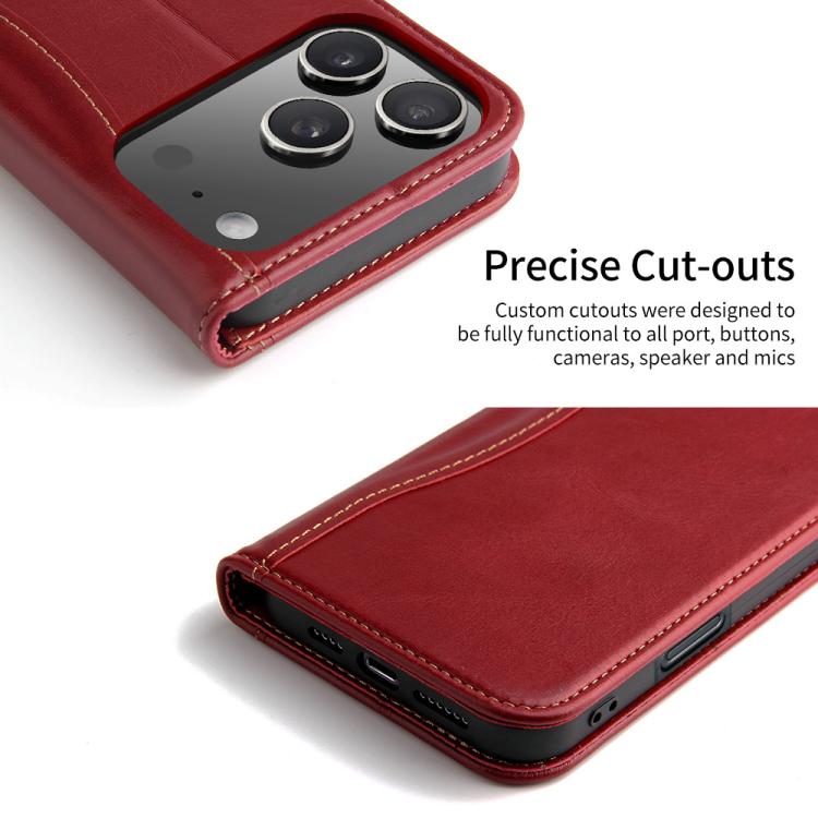For iPhone 17 Pro Fierre Shann Cowhide Leather Flip Leather Phone Case