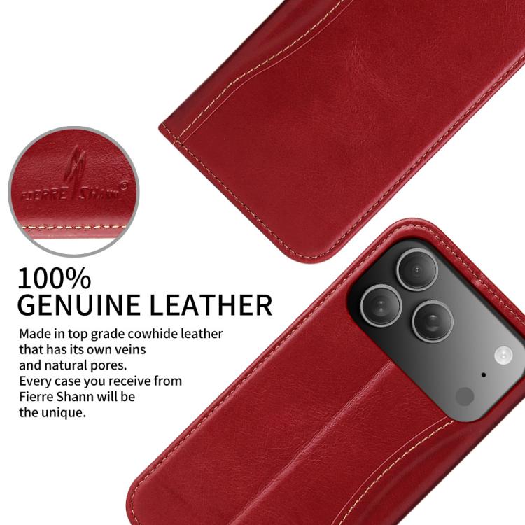 For iPhone 17 Pro Fierre Shann Cowhide Leather Flip Leather Phone Case