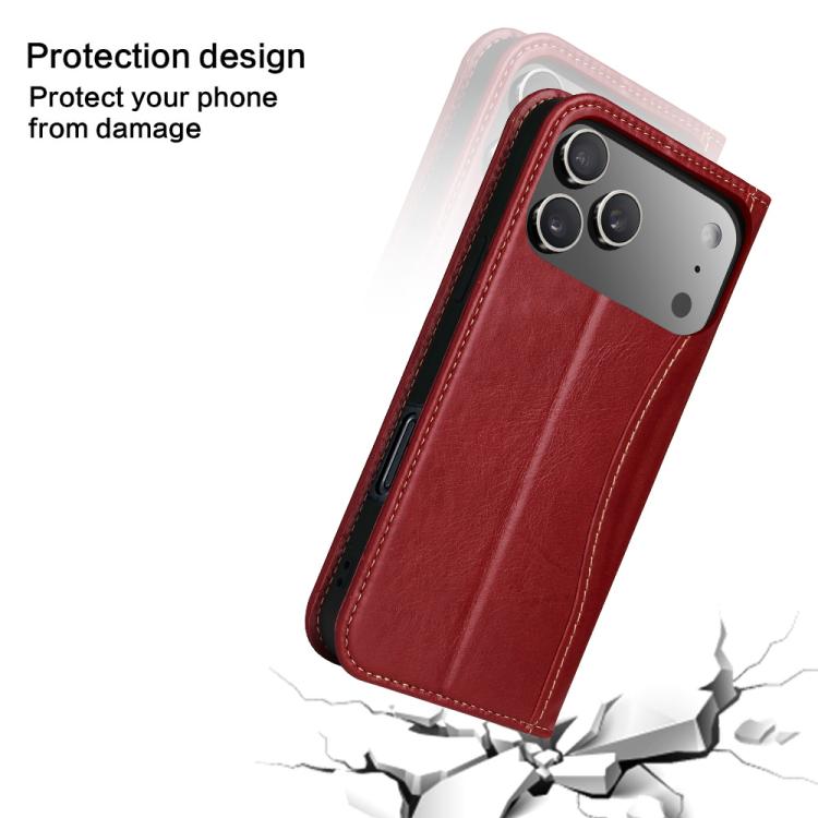 For iPhone 17 Pro Fierre Shann Cowhide Leather Flip Leather Phone Case
