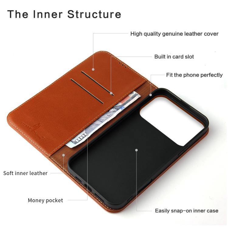 For iPhone 17 Pro Fierre Shann Cowhide Leather Flip Leather Phone Case