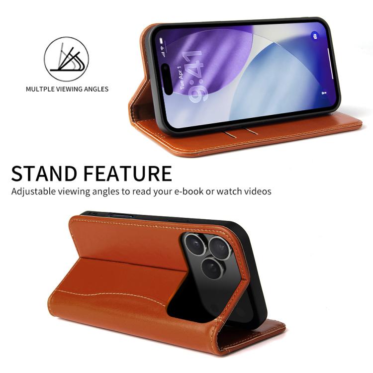 For iPhone 17 Pro Fierre Shann Cowhide Leather Flip Leather Phone Case