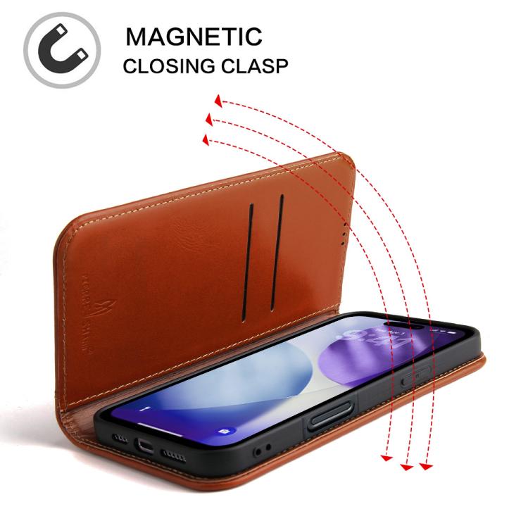 For iPhone 17 Pro Fierre Shann Cowhide Leather Flip Leather Phone Case