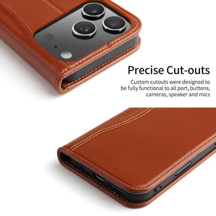 For iPhone 17 Pro Fierre Shann Cowhide Leather Flip Leather Phone Case