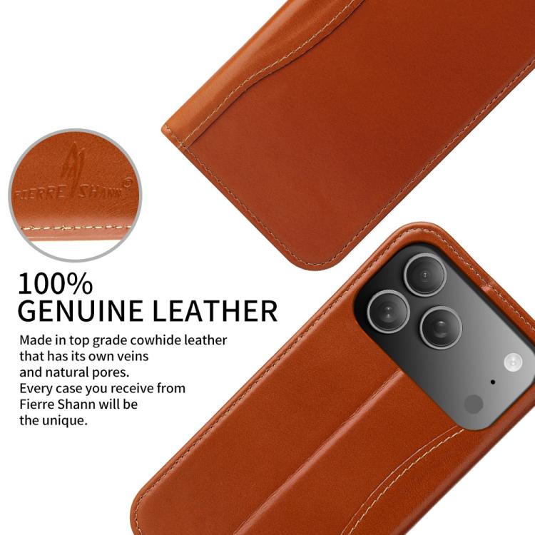 For iPhone 17 Pro Fierre Shann Cowhide Leather Flip Leather Phone Case