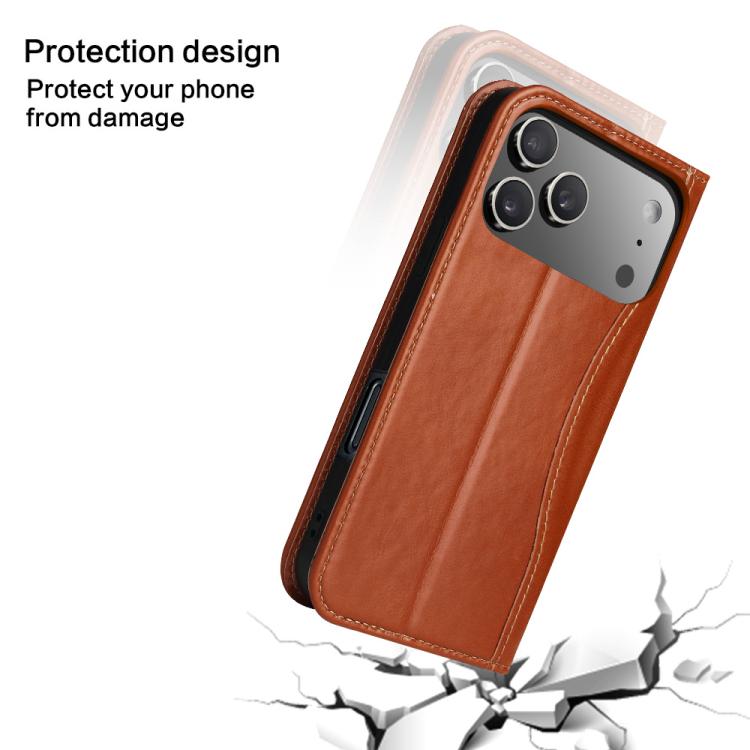 For iPhone 17 Pro Fierre Shann Cowhide Leather Flip Leather Phone Case