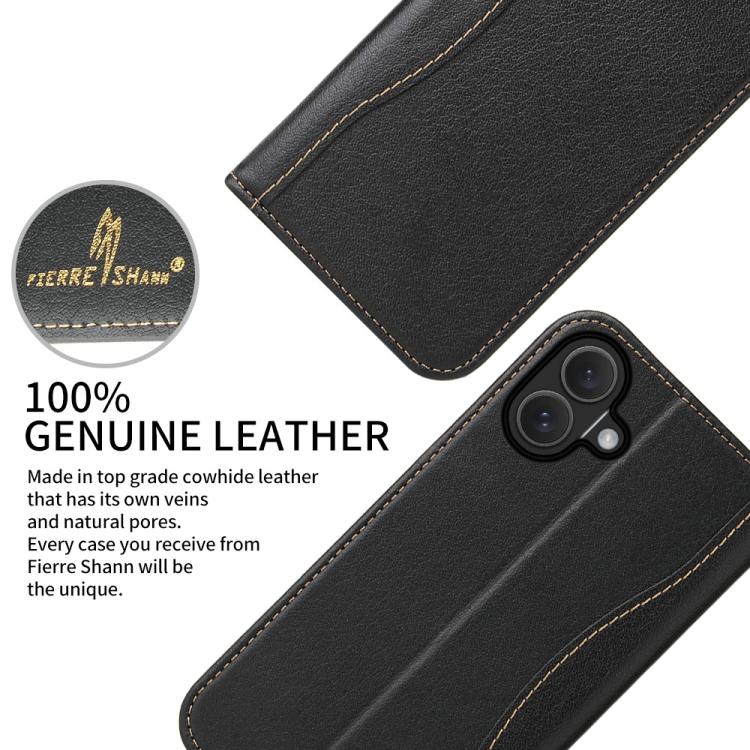 For iPhone 17 Fierre Shann Cowhide Leather Flip Leather Phone Case