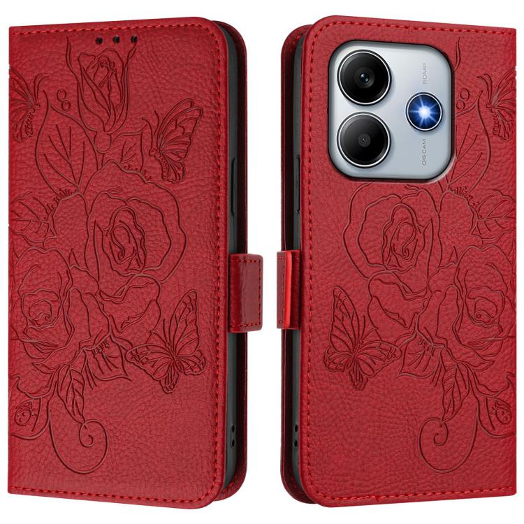 For Redmi Note 14 4G 163.25mm Embossed Rose RFID Anti-theft Leather Phone Case