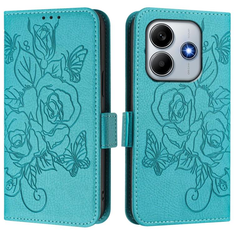 For Redmi Note 14 4G 163.25mm Embossed Rose RFID Anti-theft Leather Phone Case
