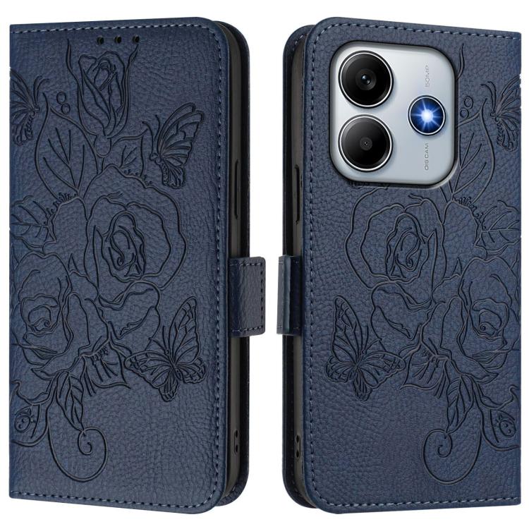 For Redmi Note 14 4G 163.25mm Embossed Rose RFID Anti-theft Leather Phone Case
