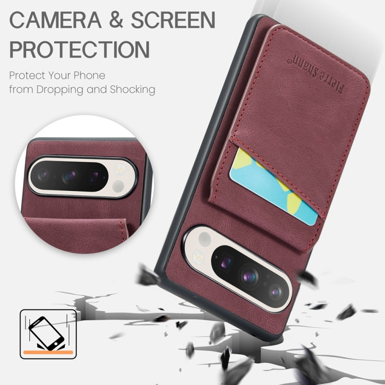For Google Pixel 9 / 9 Pro Fierre Shann Crazy Horse Card Holder Back Cover PU Phone Case