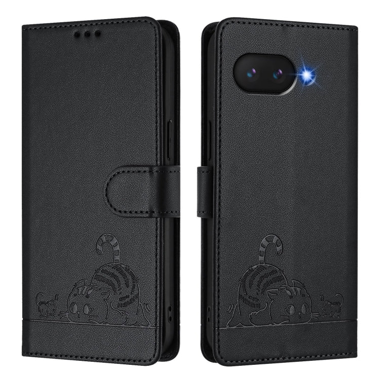 For Google Pixel 9a Cat Rat Embossed Pattern RFID Leather Phone Case with Lanyard