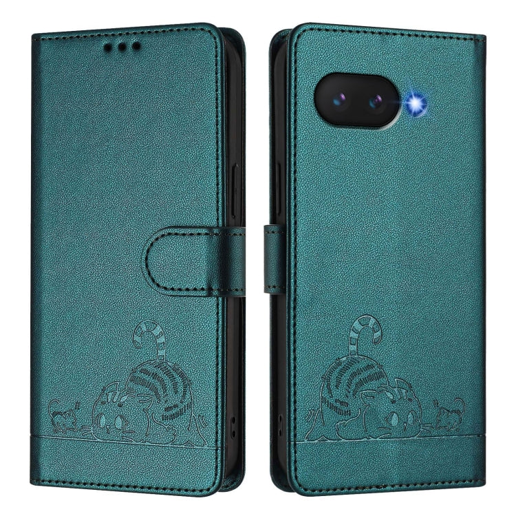 For Google Pixel 9a Cat Rat Embossed Pattern RFID Leather Phone Case with Lanyard