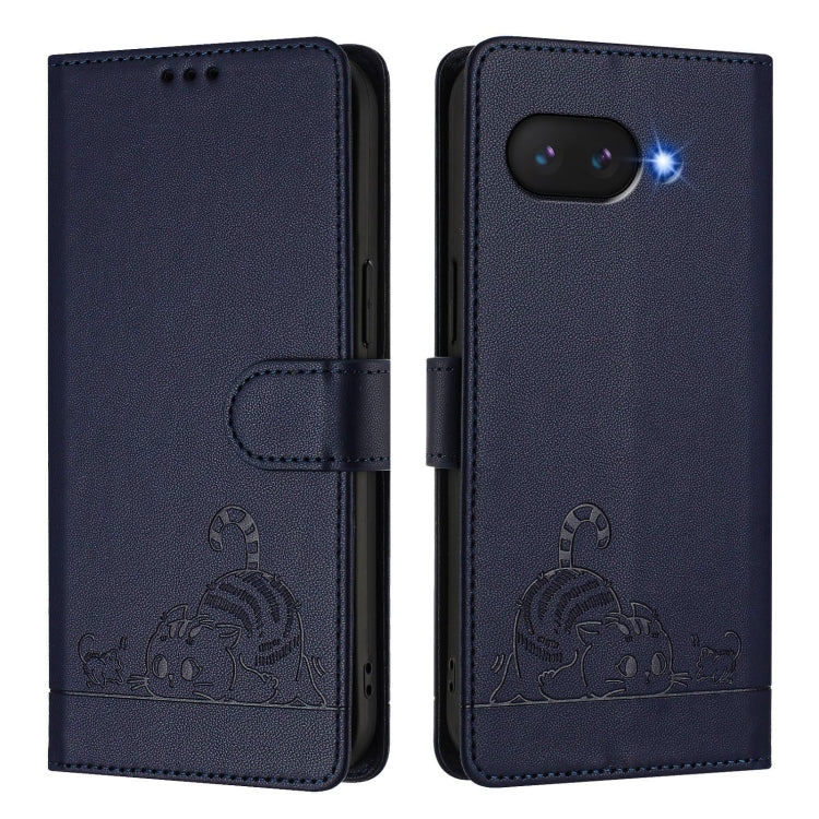 For Google Pixel 9a Cat Rat Embossed Pattern RFID Leather Phone Case with Lanyard