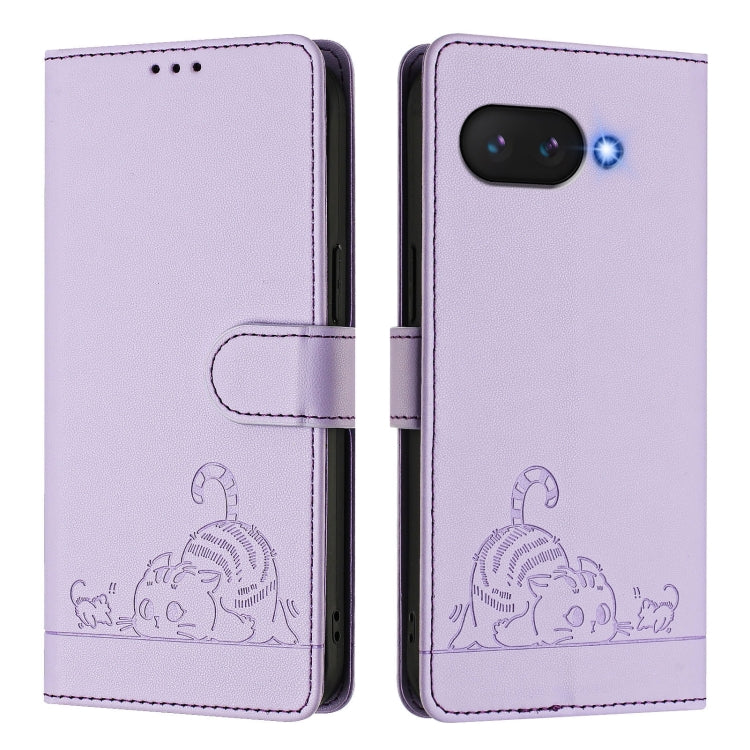 For Google Pixel 9a Cat Rat Embossed Pattern RFID Leather Phone Case with Lanyard