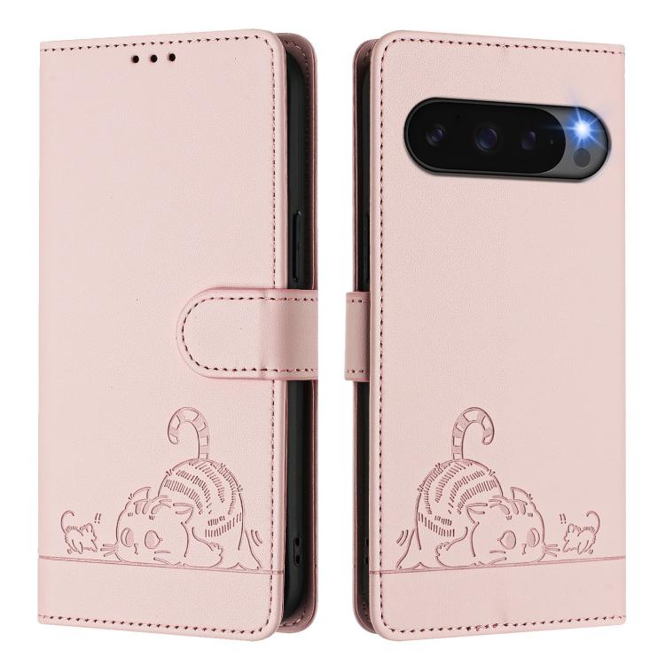 For Google Pixel 10 Pro XL 5G Global Cat Rat Embossed Pattern RFID Leather Phone Case with Lanyard
