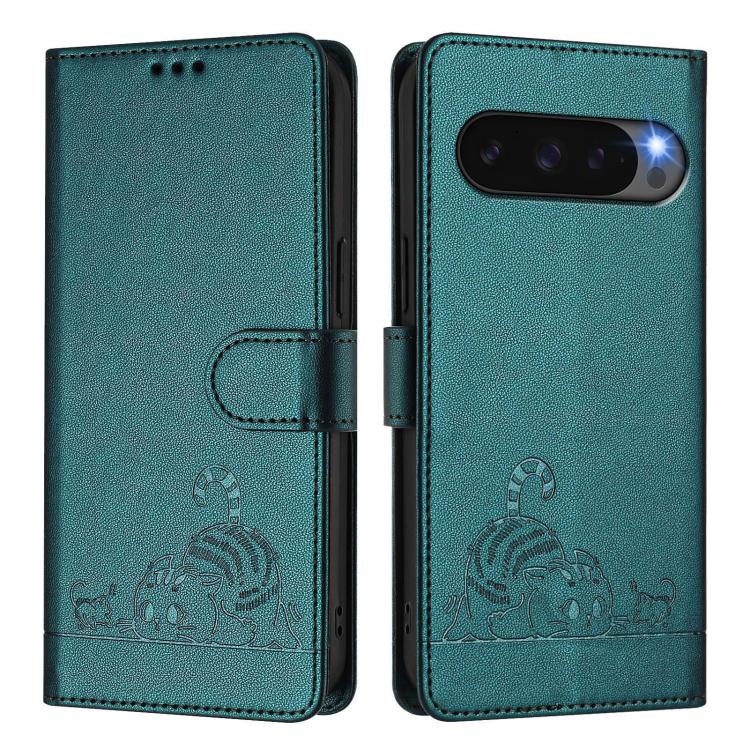 For Google Pixel 10 Pro XL 5G Global Cat Rat Embossed Pattern RFID Leather Phone Case with Lanyard