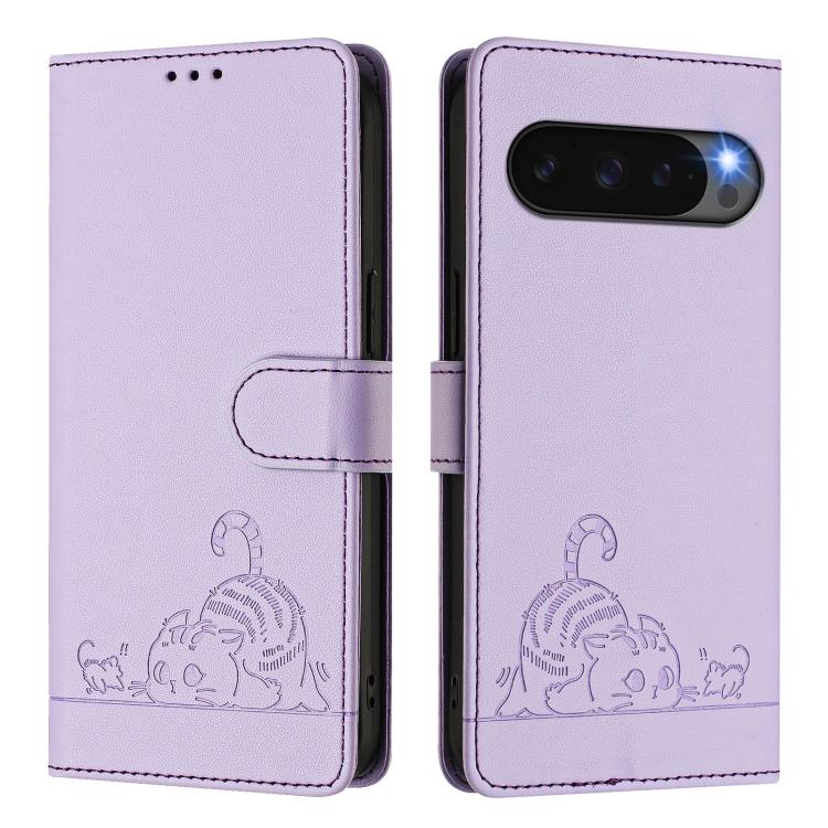 For Google Pixel 10 Pro XL 5G Global Cat Rat Embossed Pattern RFID Leather Phone Case with Lanyard