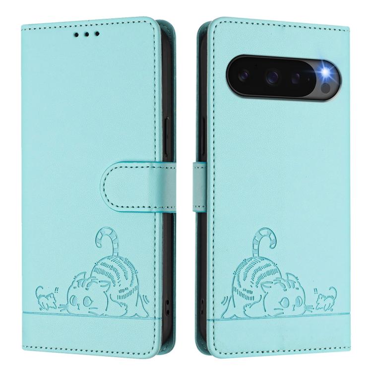 For Google Pixel 10 5G Global Cat Rat Embossed Pattern RFID Leather Phone Case with Lanyard