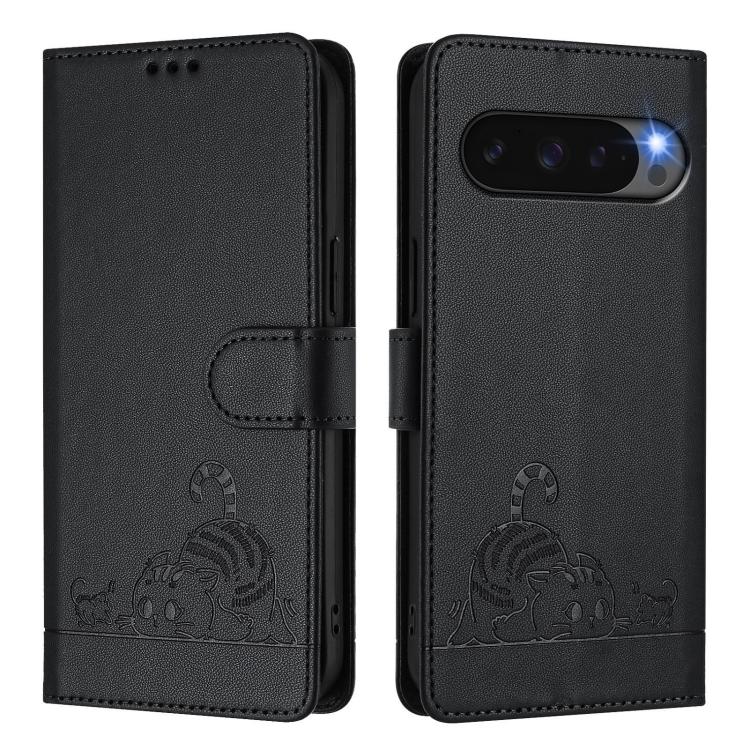 For Google Pixel 10 5G Global Cat Rat Embossed Pattern RFID Leather Phone Case with Lanyard