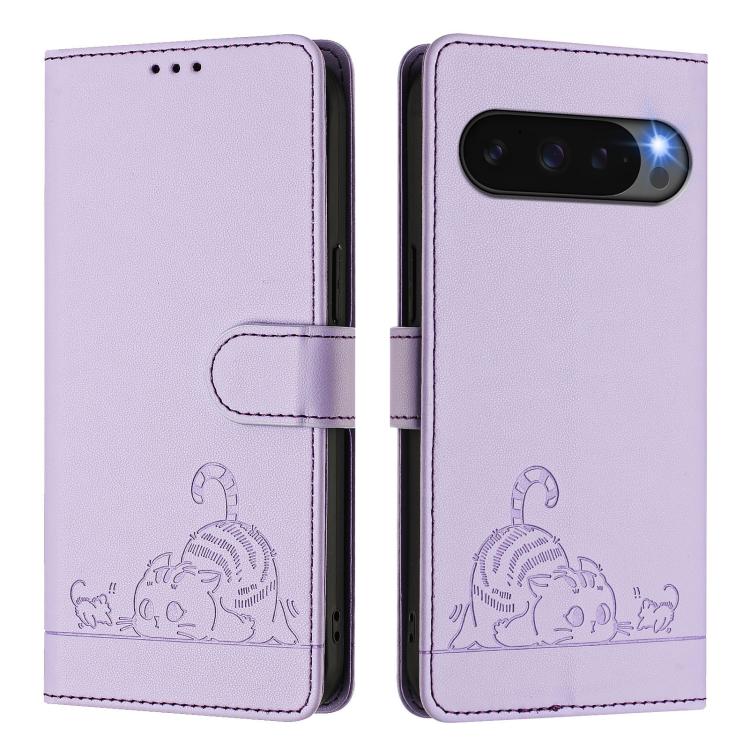 For Google Pixel 10 5G Global Cat Rat Embossed Pattern RFID Leather Phone Case with Lanyard